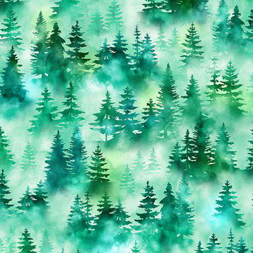 This digitally printed cotton features evergreen trees in a water-colored style on a mix of green and white background.