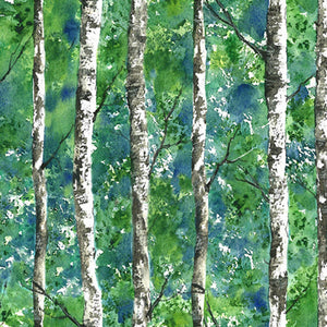 This digitally printed cotton features aspen or birch tree trunks in a water-colored style on a mix of  small green leaves and blue sky background