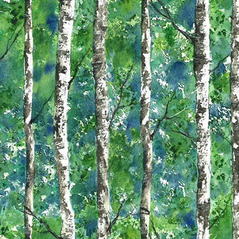 This digitally printed cotton features aspen or birch tree trunks in a water-colored style on a mix of  small green leaves and blue sky background