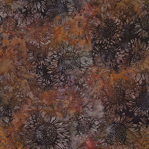 This Hoffman's 884 line of Bali batik cotton fabric features sunflowers in shades of brown and gray.