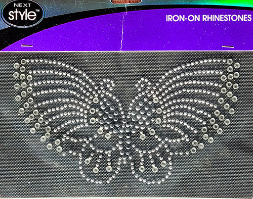 This set of clear & silver iron-on rhinestones in the shape of a butterfly