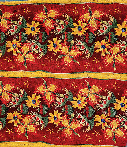 This border fabric features stripes of golden-yellow flowers on a deep red background. Available at Colorado Creations Quilting