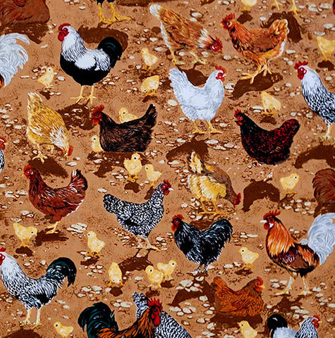 This fun fabric features chickens, hens and chicks on a brown background. Available at Colorado Creations Quilting