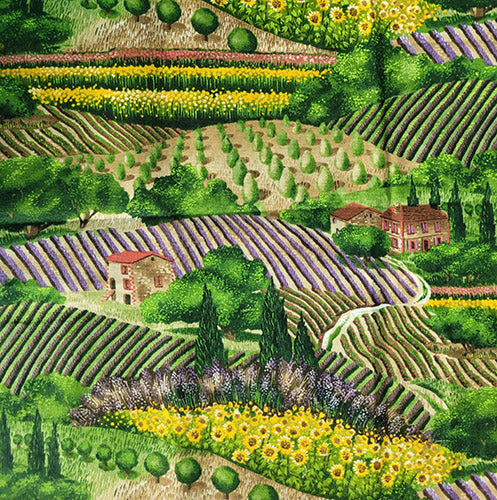 This fabric features Provence France with it's estates and fields of flowers like sunflowers and lilac.