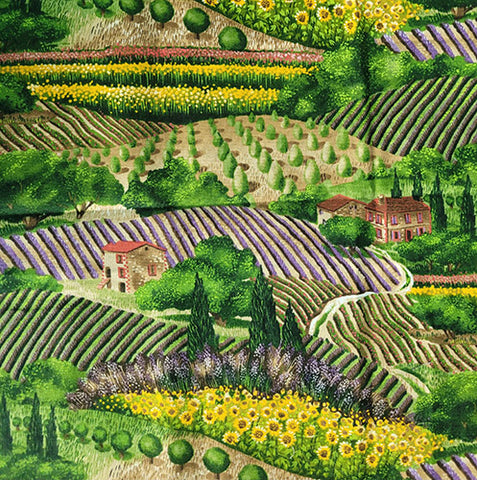 This fabric features Provence France with it's estates and fields of flowers like sunflowers and lilac.