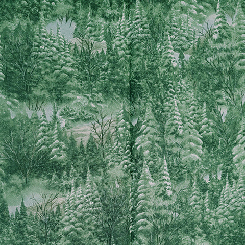 This fabric features evergreen trees in shades of muted green and frosted with snow. Available at Colorado Creations Quilting