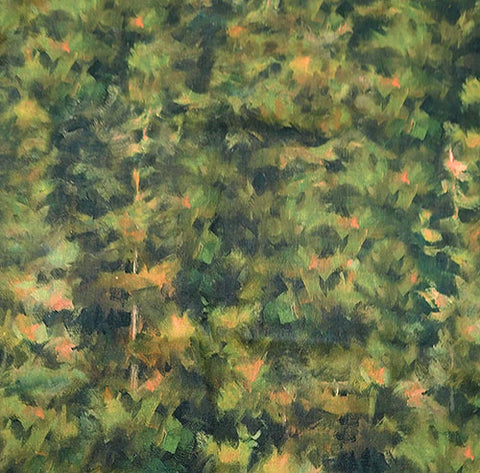 Abstract cotton fabric with a dense forest of trees in various shades of green.