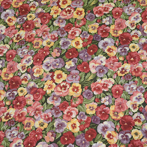 This cotton fabric features toned down packed pansies in shades purple, yellow and red.