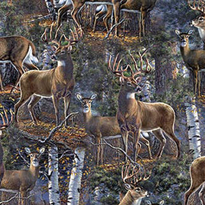 This digitally printed cotton fabric features elk in their natural habitat surrounded by forest and birch / aspen trees.