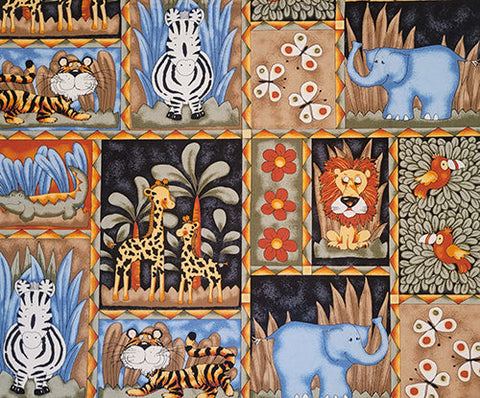 This cotton fabric features juevinile african wildlife like elephants, giraffes, tigers, zebras and more.