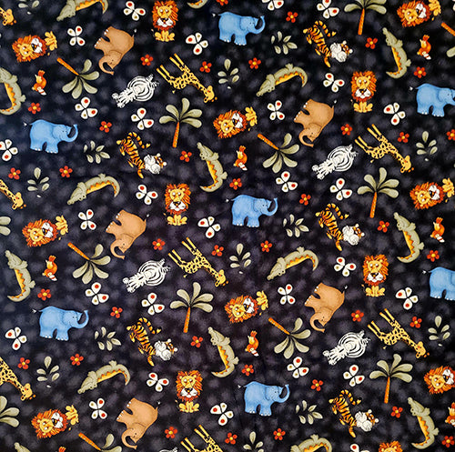 This cotton fabric features stripes of juevinile African wildlife like elephants, giraffes, tigers, zebras and more tossed on a black background.