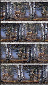 This digitally printed cotton fabric features border stripes with elk in their natural habitat.