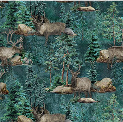 This digitally printed fabric has elk and evergreen trees on a rich teal blue background.