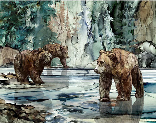 This fabric features in a water color-style bears and pine trees