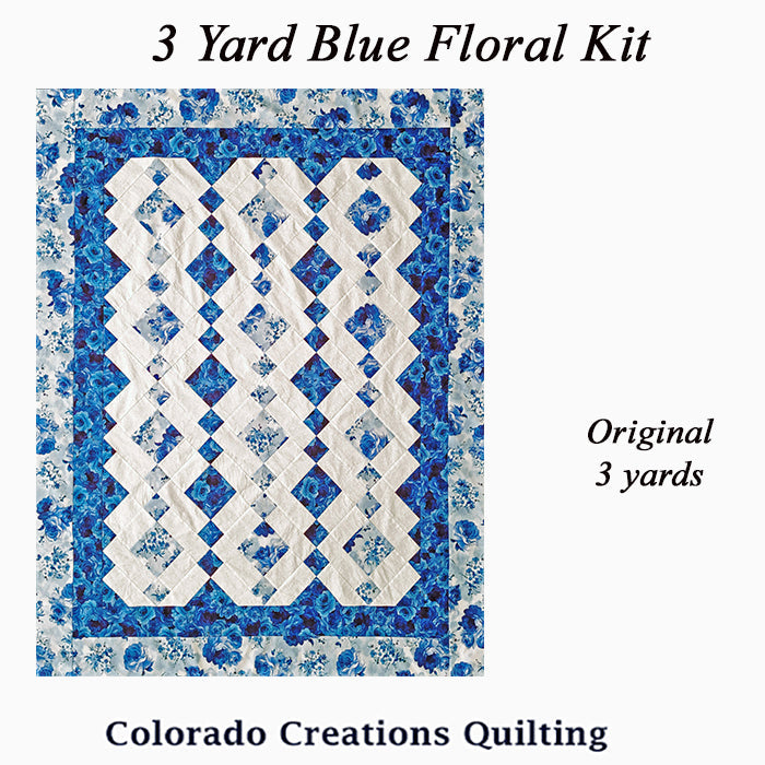 The 3-yard quilt kit features one yard of a light and dark blue floral fabric along with white and access to a complimentary pattern with easy to follow directions and great visuals. Kit available at Colorado Creations Quilting