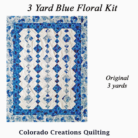 The 3-yard quilt kit features one yard of a light and dark blue floral fabric along with white and access to a complimentary pattern with easy to follow directions and great visuals. Kit available at Colorado Creations Quilting