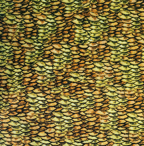 This fabric features small fish scales in shades of brown and gold or could be used as small feathers 