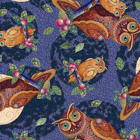 This cotton fabric features owls on a navy blue background.