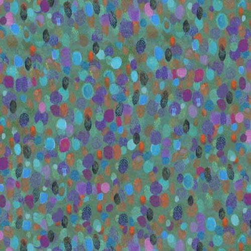 This cotton fabric features little spots of gold, blue, violet and more on a turquoise background