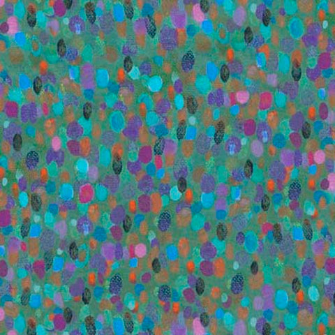 This cotton fabric features little spots of gold, blue, violet and more on a turquoise background