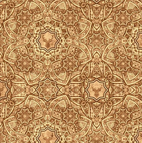 This tonal brown fabric features geometric medallions interwoven with wildlife. Available at Colorado Creations Quilting