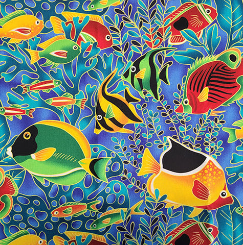 This cotton fabric features brightly colored treasures of the sea like tropical fish, seaweed and coral in a stylized fashion.