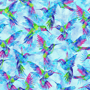 This cotton fabric features wonderful hummingbirds flitting around on a light blue backaground.