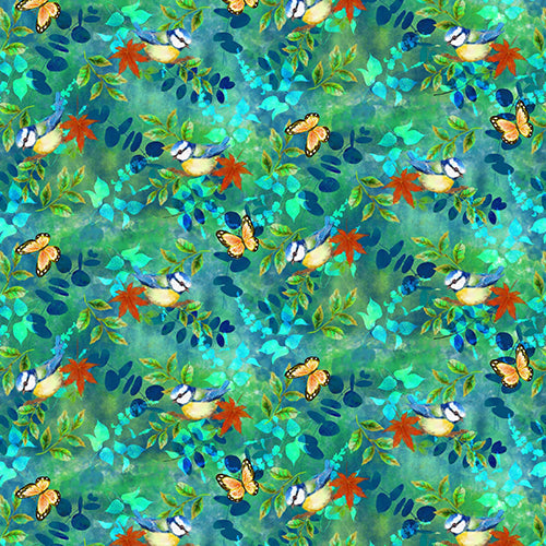 This cotton fabric features sweet little blue birds and butterflies on a teal blue backaground.