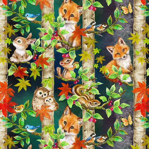 This cotton fabric features sweet little red foxes, rabbits, owls, blue birds and even chipmunks hiding in and around birch tree trunks on a navy blue backaground.