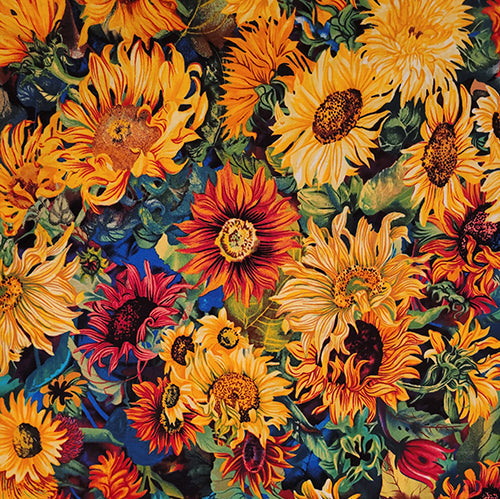 This cotton fabric features packed vibrant sunflowers in shades yellow, orange and red.