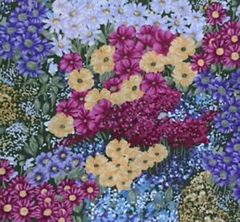 This cotton fabric features a variety of toned down packed flowers in shades purple, yellow, blue, green and white.