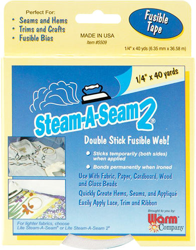 Steam-A-Seam2 Double-stick  Fusible Web box showing a 1/4" or 1/2" roll of webbing