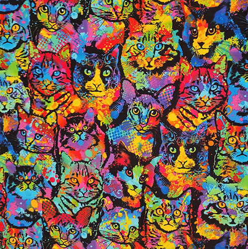 This fun fabric features muliti-colored cats on a black background. Available at Colorado Creations Quilting