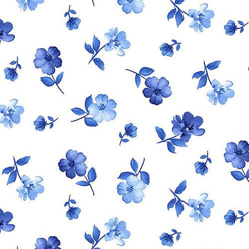 This cotton fabric features small blue flowers tossed on a white background.