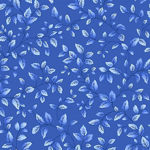 This cotton fabric features small blue leaves tossed on a blue background.