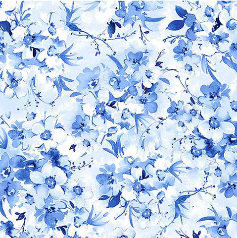 This cotton fabric features small blue flower clusters on light blue background. 