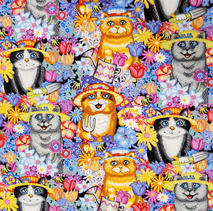 This fabric features fun cats complete in sun hats and gardening tools among packed flowers.