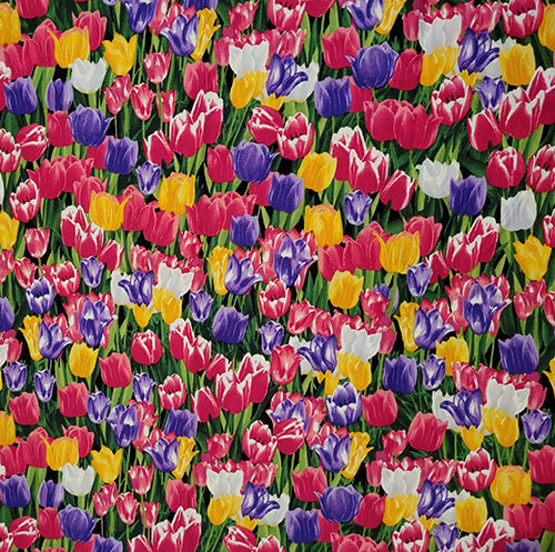 This fabric features packed tulips in pink, purple, yellow and white.  Available at Colorado Creations Quilting