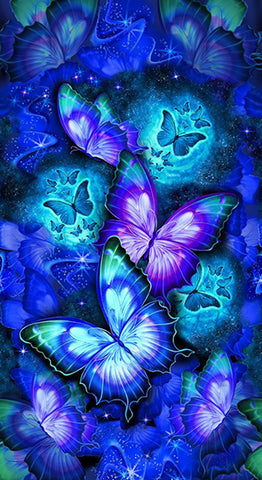 This fabric panel features glowing butterflies in blue, purple and turquoise on a black background. 