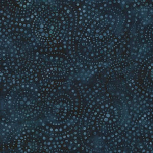 This fabric features a tonal swirling blue dots on navy batik.  