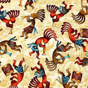 This fun cotton fabric features southwestern kokopeli playing musical instruments on a tan background.
