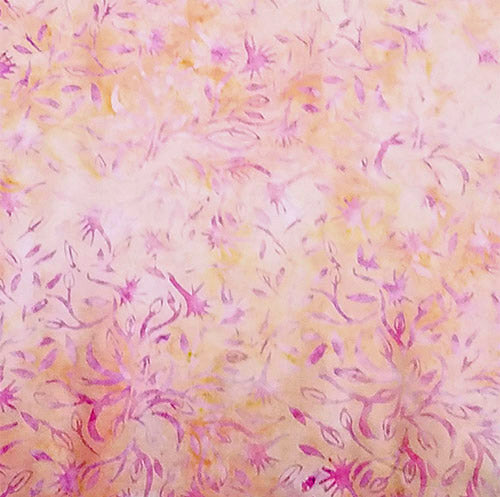 Pink floral pattern on a textured coral batik fabric background