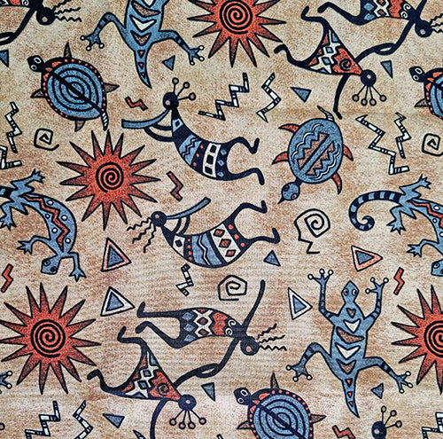 This fun cotton fabric features southwestern kokopelli playing musical instruments, sun and gecko  and turtles on a tan background.