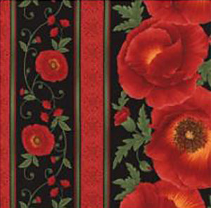 This border fabric features stripes of red poppies on black. Available at Colorado Creations Quilting