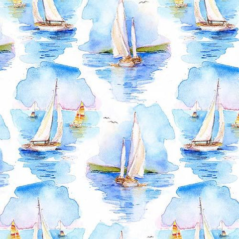 This cotton fabric features watercolored sailboats on a rich blue background. Available at Colorado Creations Quilting