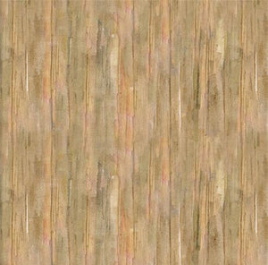This cotton fabric features wooden planks with an assortment of neutral streaks in tones of brown, beige, and white on a predominantly tan background. 