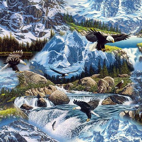 This cotton fabric features large, detailed land formations including snow covered mountains, bald eagles and raging rivers complete with rapids, waterfalls, and even jumping fish! The fabric transitions from mountains to grassy riverbanks, boulders, and an evergreen tree line to help you create a stunning landscape quilt. Hidden in the landscape are images of large wildlife such as bears and wolves. 