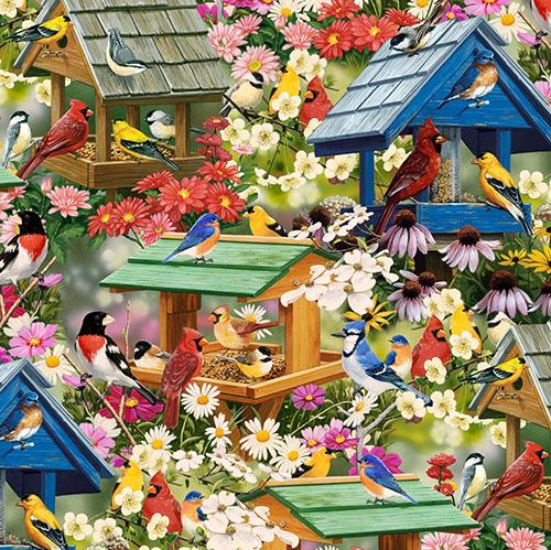 For all you bird lovers out there, this adorable print featuring birds such as red cardinals, bluejays, gold finches, chickadees and more! Additionally their delightful birdhouses along with a variety of flowers like coneflowers and daisies has "Spring" written all over it. Available at Colorado Creations Quilting