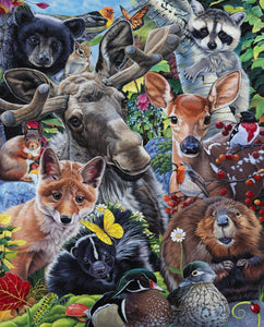 This adorable quilt fabric panel features whimsicle wildlife like moose, deer, fox, raccoon, bear, beaver, squirrel, chipmunk and more.  