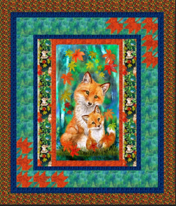 Quilt center Quilt center features  a darling little red fox and mother surrounded by falling fall maple leaves. Additional fabrics in the kit of blue, navy, rust, leaves are also shown.  Pattern available at Colorado Creations Quilting